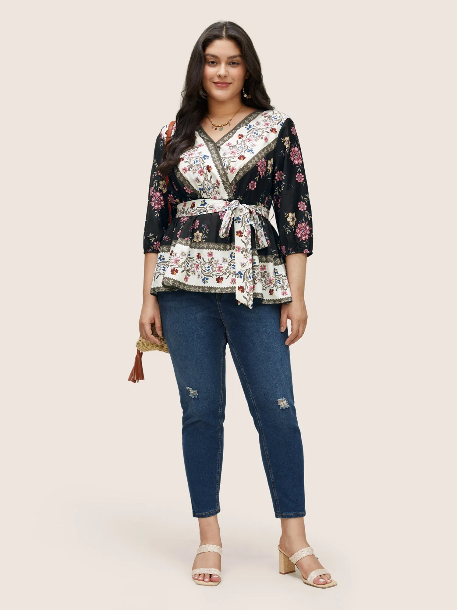 Boho Print Overlap Collar Belted Blouse sold by Bloomchic product image thumbnail 4