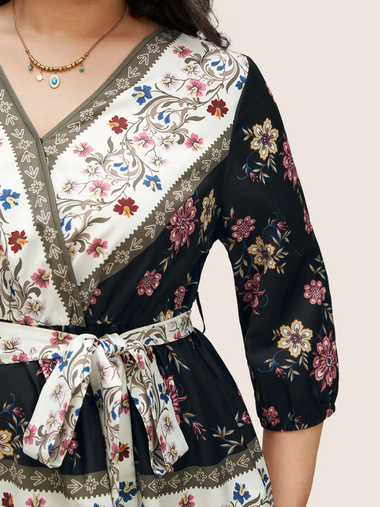 Boho Print Overlap Collar Belted Blouse sold by Bloomchic product image thumbnail 3