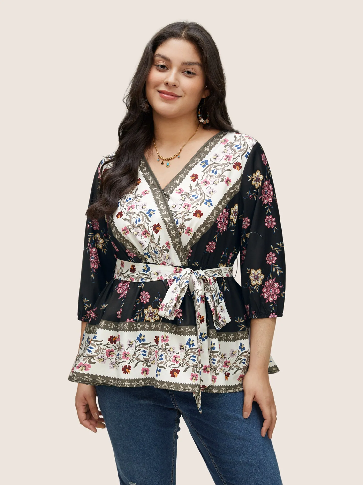 Boho Print Overlap Collar Belted Blouse sold by Bloomchic