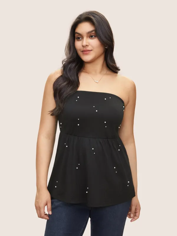 Solid Pearl Beaded Shoulderless Tank Top sold by Bloomchic