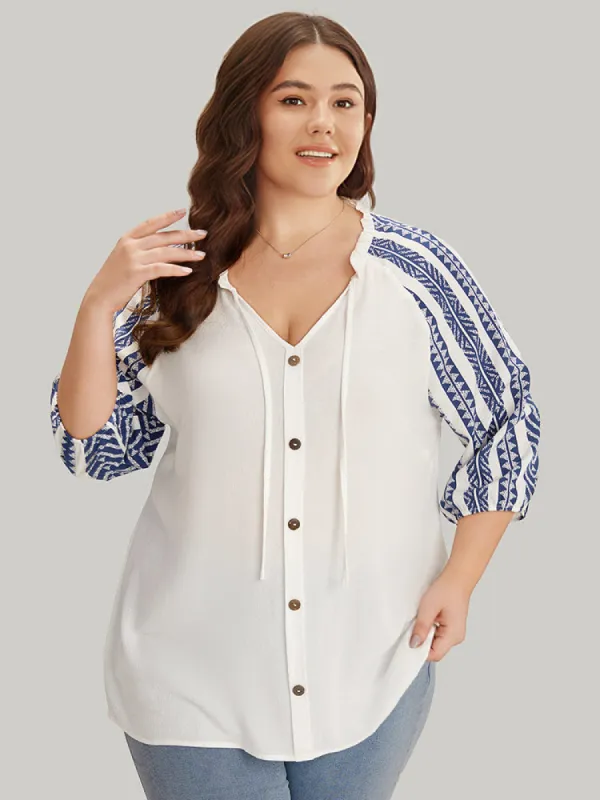 Boho Print Tie Neck Patchwork Lantern Sleeve Blouse sold by Bloomchic