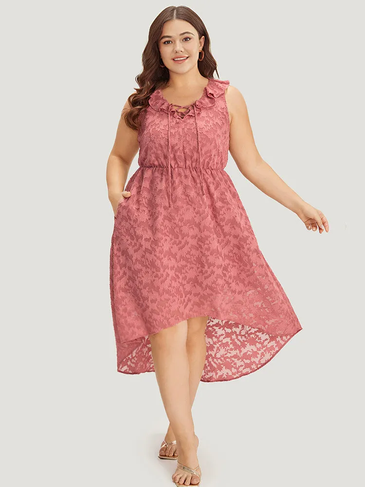Plain Ruffle Trim Pocket Tie Neck Lace Up Dress sold by Bloomchic product image thumbnail 3
