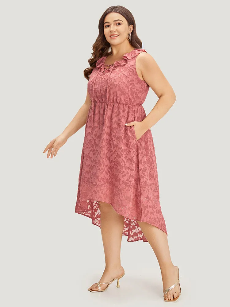 Plain Ruffle Trim Pocket Tie Neck Lace Up Dress sold by Bloomchic product image thumbnail 4