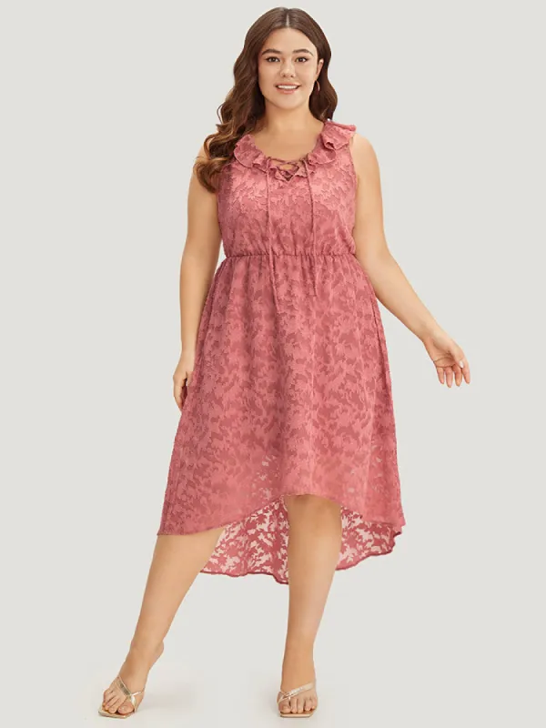 Plain Ruffle Trim Pocket Tie Neck Lace Up Dress sold by Bloomchic