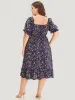 Floral Puff Sleeve Pocket Elastic Waist Square Neck Dress sold by Bloomchic