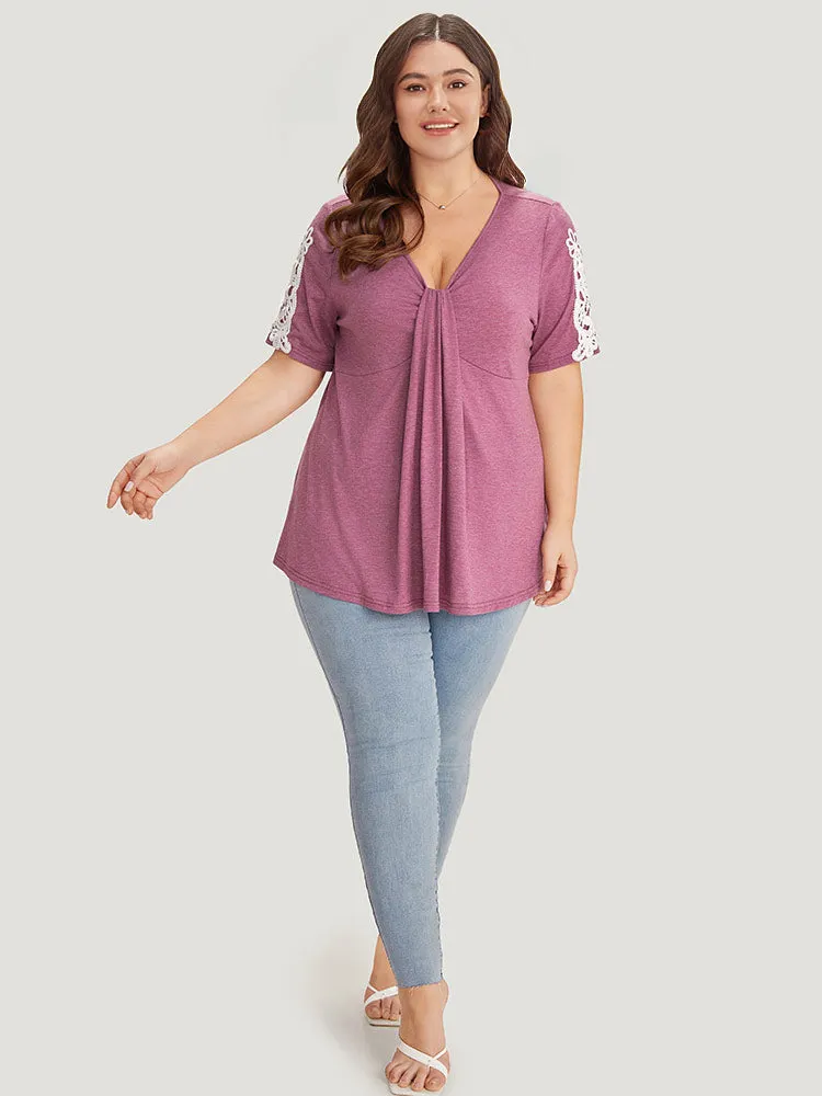 Crochet Lace Heather Deep Gathered V Neck T-shirt sold by Bloomchic product image thumbnail 5
