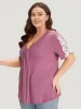 Crochet Lace Heather Deep Gathered V Neck T-shirt sold by Bloomchic