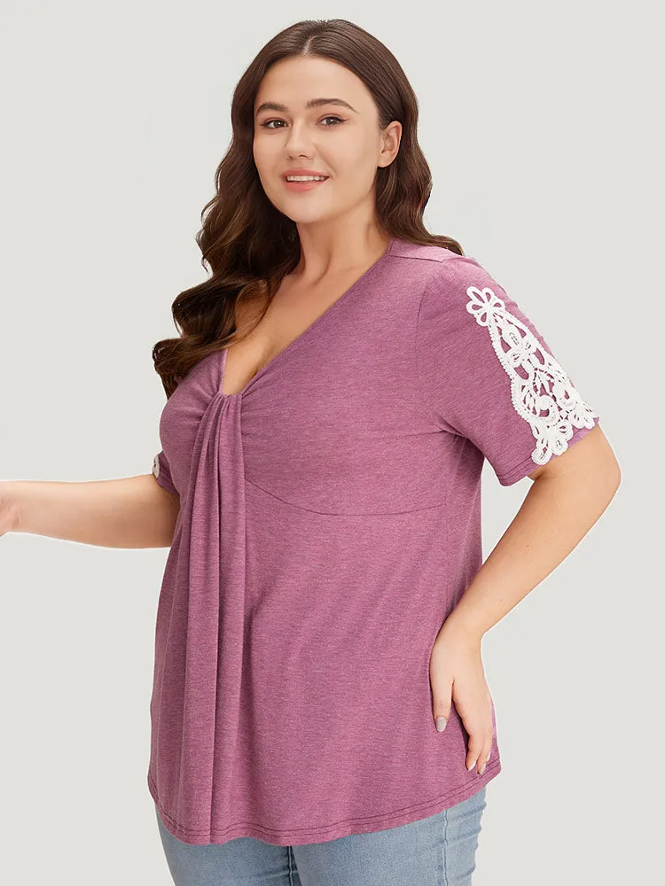 Crochet Lace Heather Deep Gathered V Neck T-shirt sold by Bloomchic product image thumbnail 4