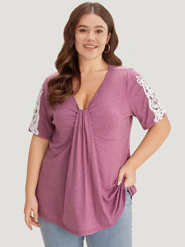Crochet Lace Heather Deep Gathered V Neck T-shirt sold by Bloomchic