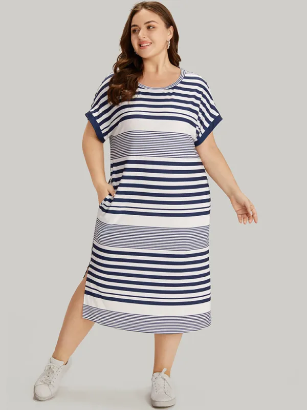 Striped Print Dolman Sleeve Split Hem Pocket Dress sold by Bloomchic