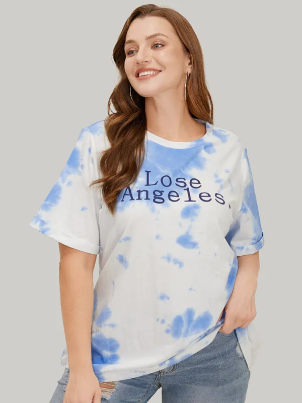 Letter Print Short Sleeve Tie Dye T-shirt sold by Bloomchic