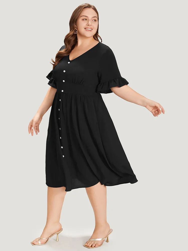 Solid Bell Sleeve Button Detail Pocket Gathered Dress sold by Bloomchic product image thumbnail 3