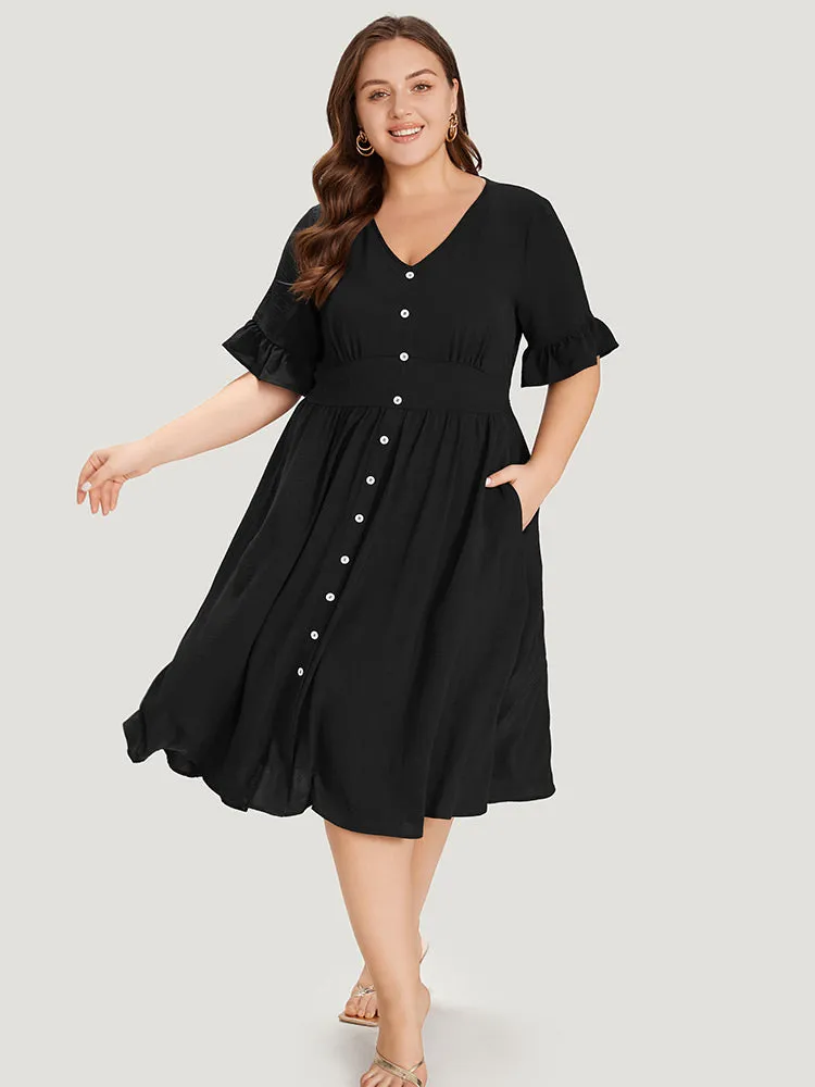 Solid Bell Sleeve Button Detail Pocket Gathered Dress sold by Bloomchic