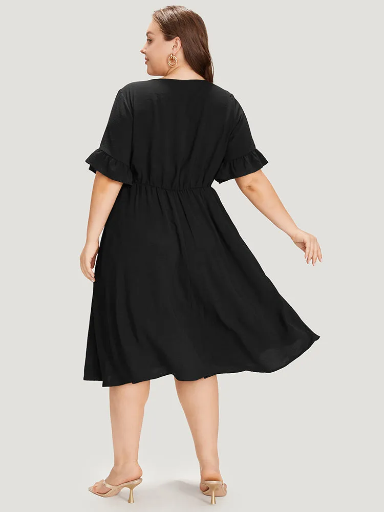 Solid Bell Sleeve Button Detail Pocket Gathered Dress sold by Bloomchic product image thumbnail 5