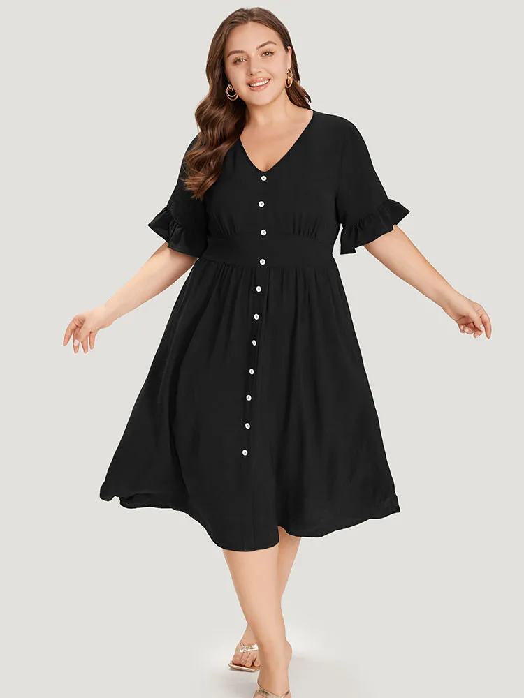 Solid Bell Sleeve Button Detail Pocket Gathered Dress sold by Bloomchic product image thumbnail 2