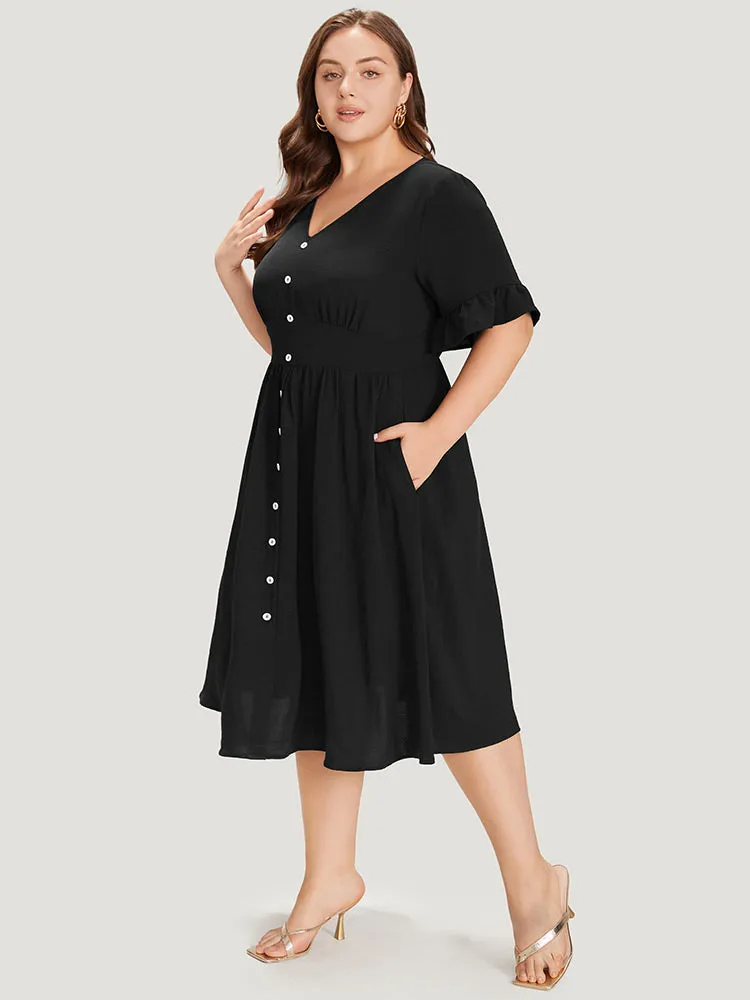 Solid Bell Sleeve Button Detail Pocket Gathered Dress sold by Bloomchic product image thumbnail 4