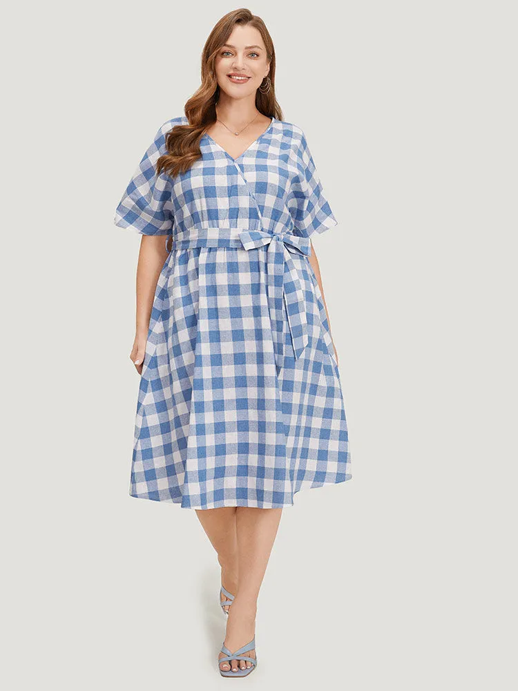Colour Plaid Belted Surplice Neck Ruffles Dress sold by Bloomchic