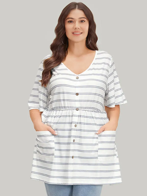 Striped Patched Pocket Button Detail Elastic Waist T-shirt sold by Bloomchic