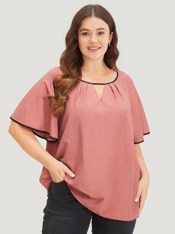 Contrast Trim Plicated Detail Ruffle Sleeve Keyhole Blouse sold by Bloomchic