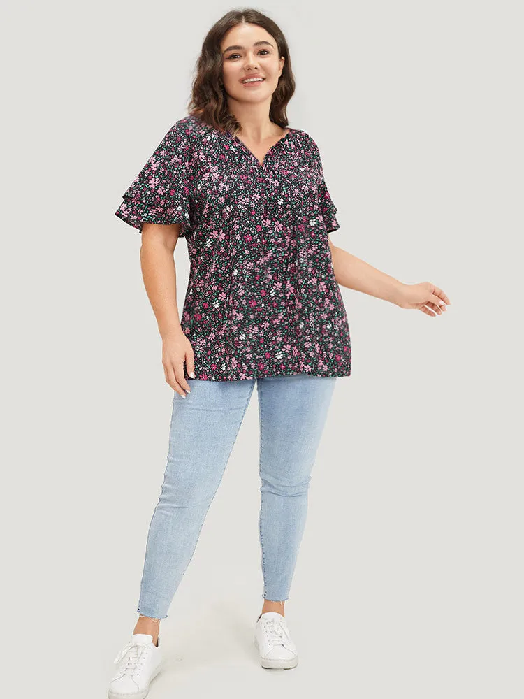 Ditsy Floral Knot Neck Flutter Sleeve Layered Blouse sold by Bloomchic product image thumbnail 4