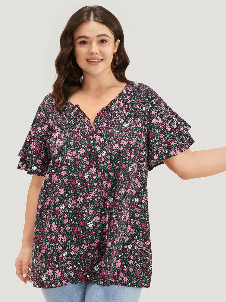 Ditsy Floral Knot Neck Flutter Sleeve Layered Blouse sold by Bloomchic