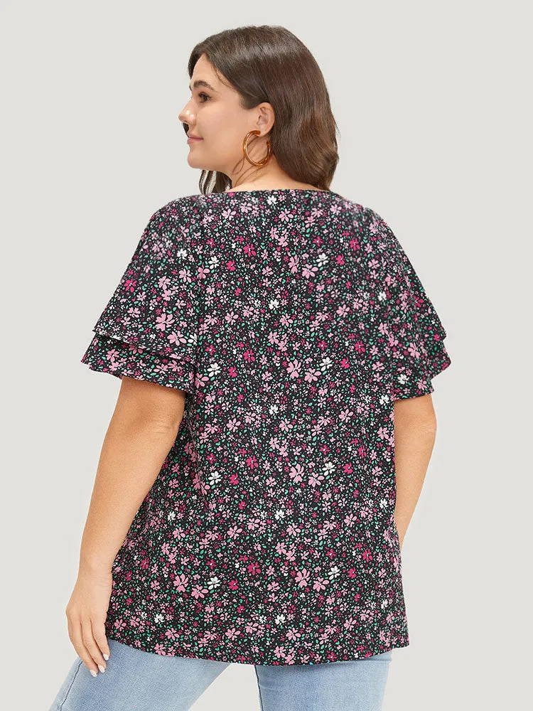 Ditsy Floral Knot Neck Flutter Sleeve Layered Blouse sold by Bloomchic product image thumbnail 5