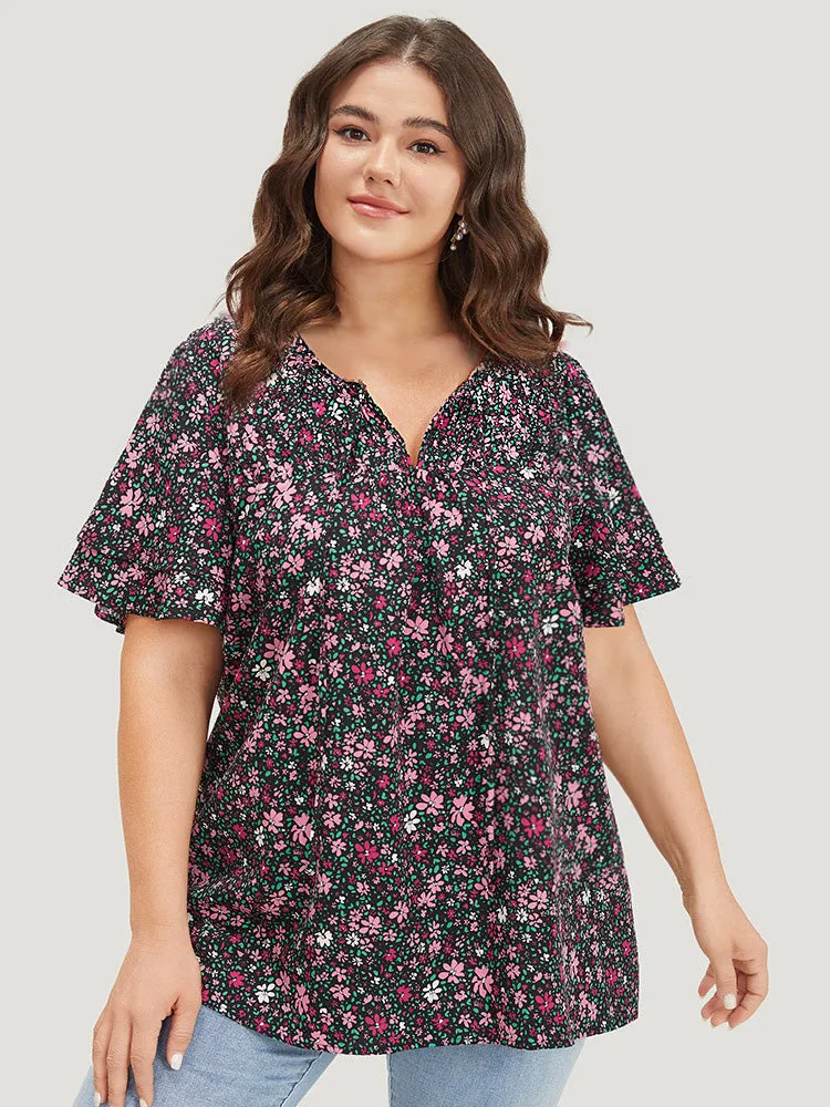 Ditsy Floral Knot Neck Flutter Sleeve Layered Blouse sold by Bloomchic product image thumbnail 2