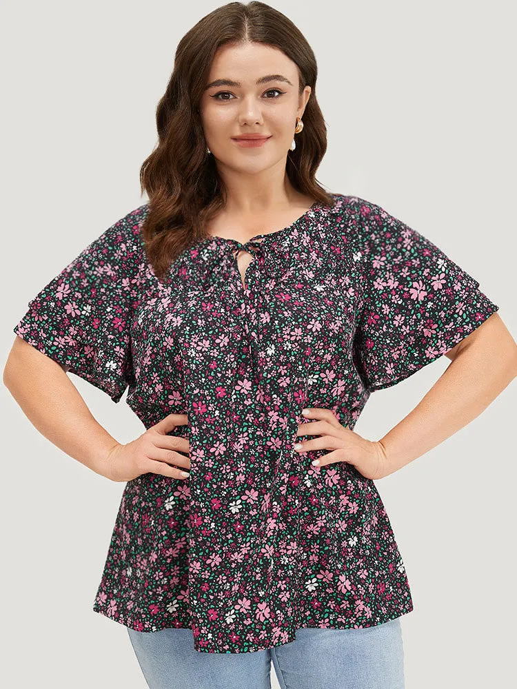 Ditsy Floral Knot Neck Flutter Sleeve Layered Blouse sold by Bloomchic product image thumbnail 3