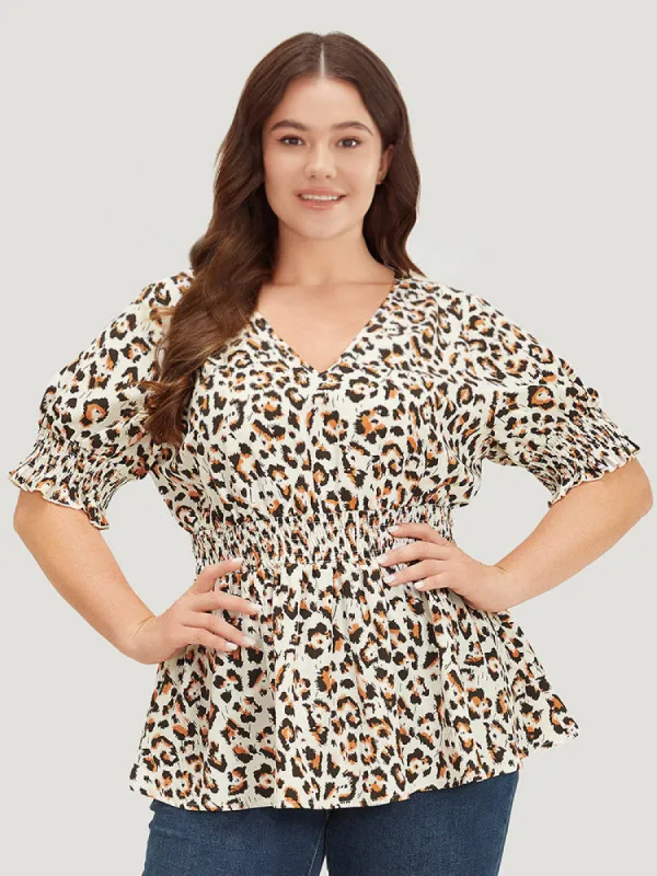 Leopard Print Shirred Puff Sleeve Ruffle Sleeve Blouse sold by Bloomchic