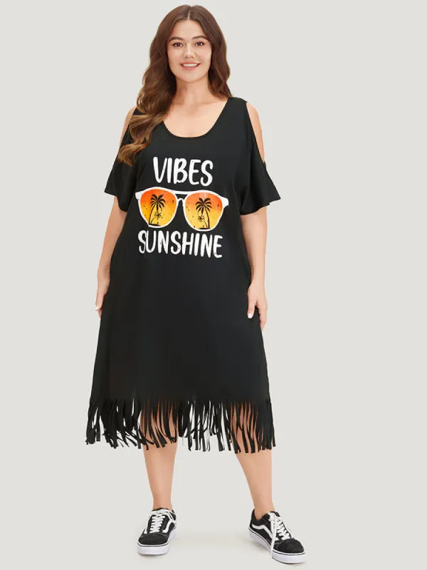Supersoft Essentials Tropical Print Pocket Cold Shoulder Tassel Trim Dress sold by Bloomchic