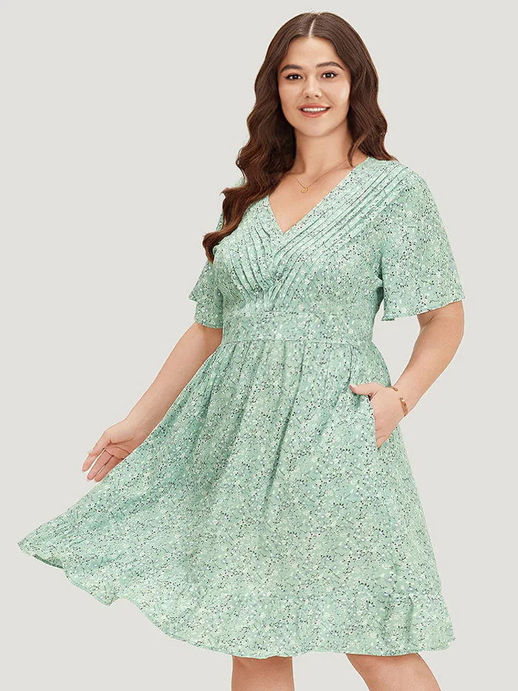 Ditsy Floral Plicated Detail Ruffles Wideband Waist Dress sold by Bloomchic