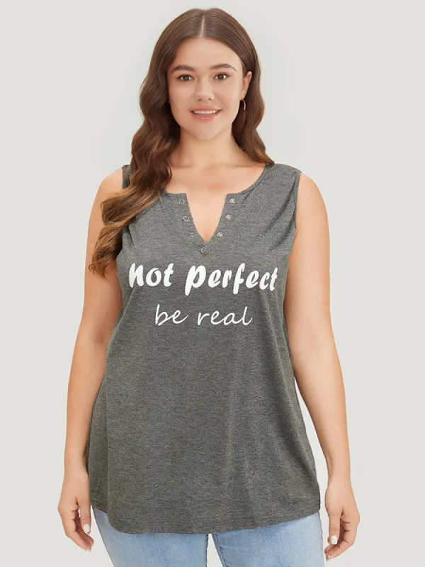 Letter Print Button Notched Tank Top sold by Bloomchic
