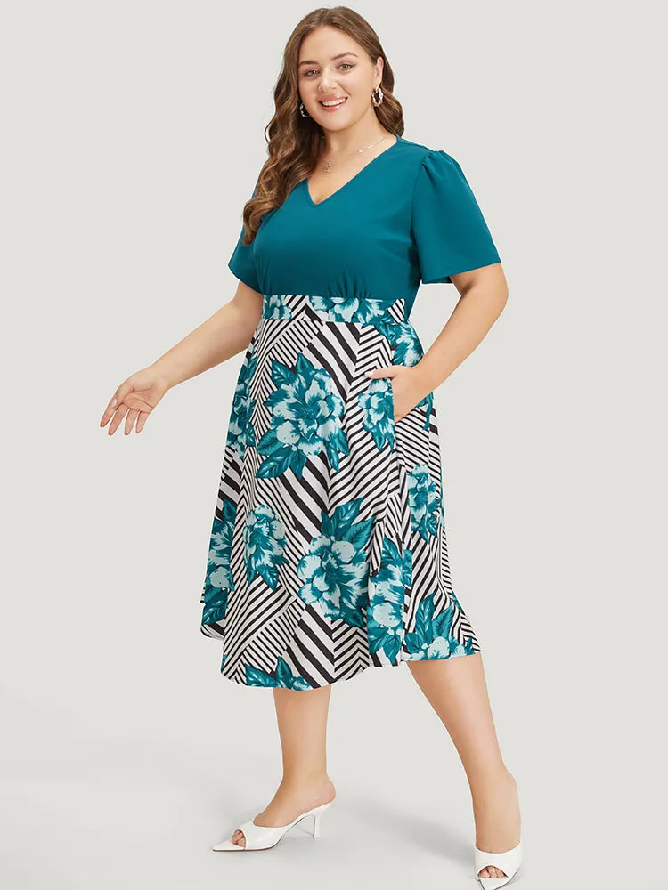 Floral & Striped Patchwork Pocket Gathered Dress sold by Bloomchic product image thumbnail 4