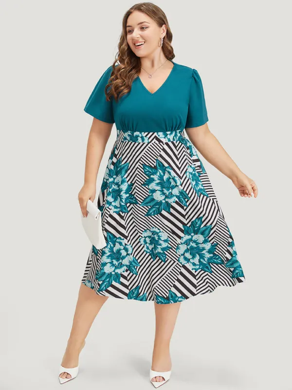 Floral & Striped Patchwork Pocket Gathered Dress sold by Bloomchic