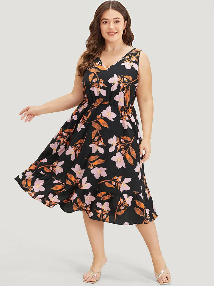 Floral Print Pocket V Neck Elastic Waist Sleeveless Dress sold by Bloomchic