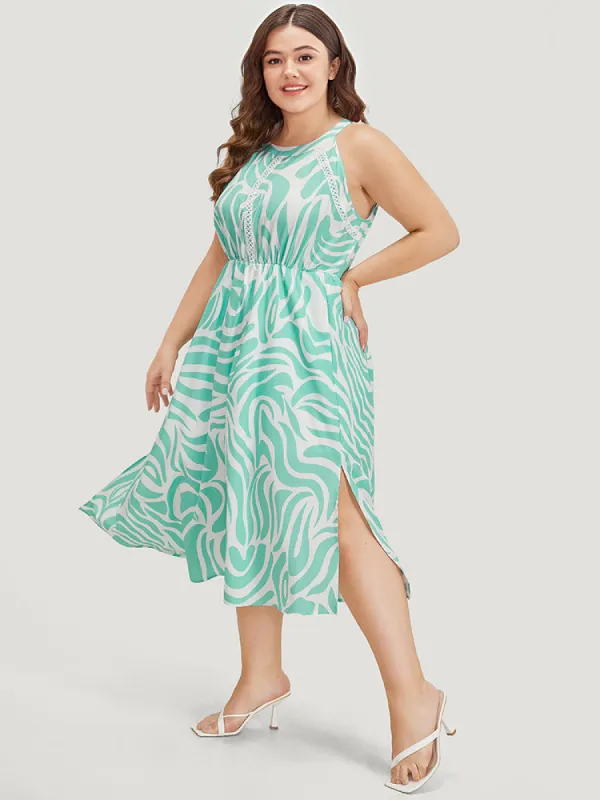 Geometric Print Halter Split Elastic Waist Patchwork Dress sold by Bloomchic