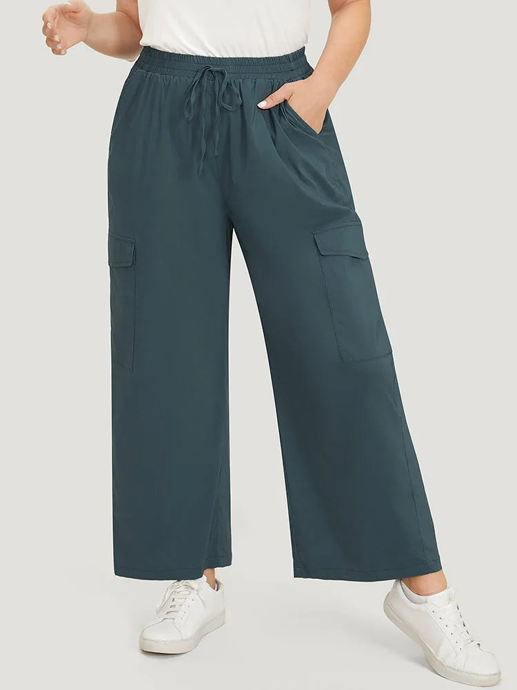 Plain Drawstring Patched Pocket High Rise Pants sold by Bloomchic