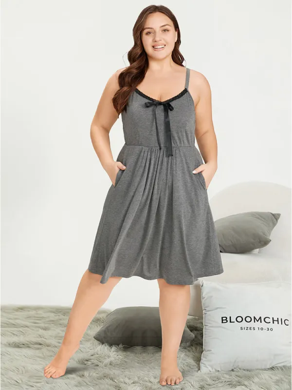 Plain Bowknot Pocket Lace Patchwork Night Dress sold by Bloomchic