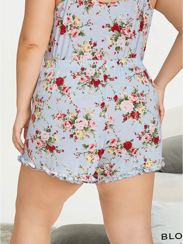 Floral Print Elastic Waist Frill Trim Sleep Shorts sold by Bloomchic product image thumbnail 2