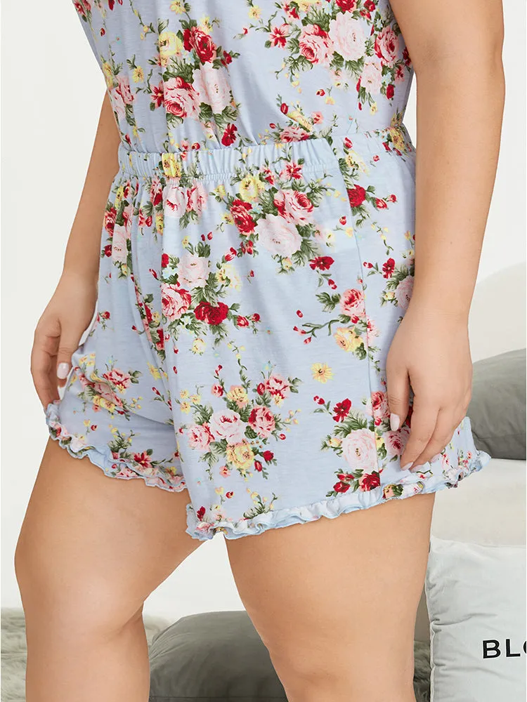 Floral Print Elastic Waist Frill Trim Sleep Shorts sold by Bloomchic product image thumbnail 3