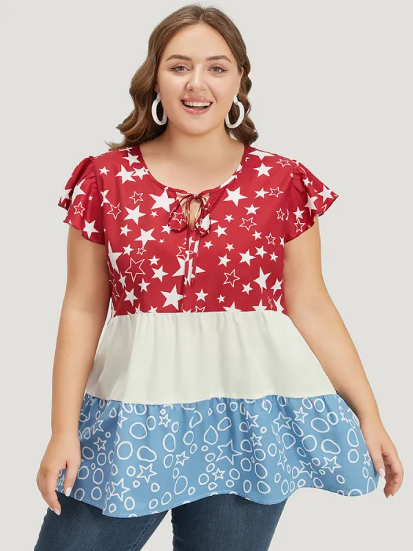 Star & Geo Graphic Knot Neck Patchwork Blouse sold by Bloomchic