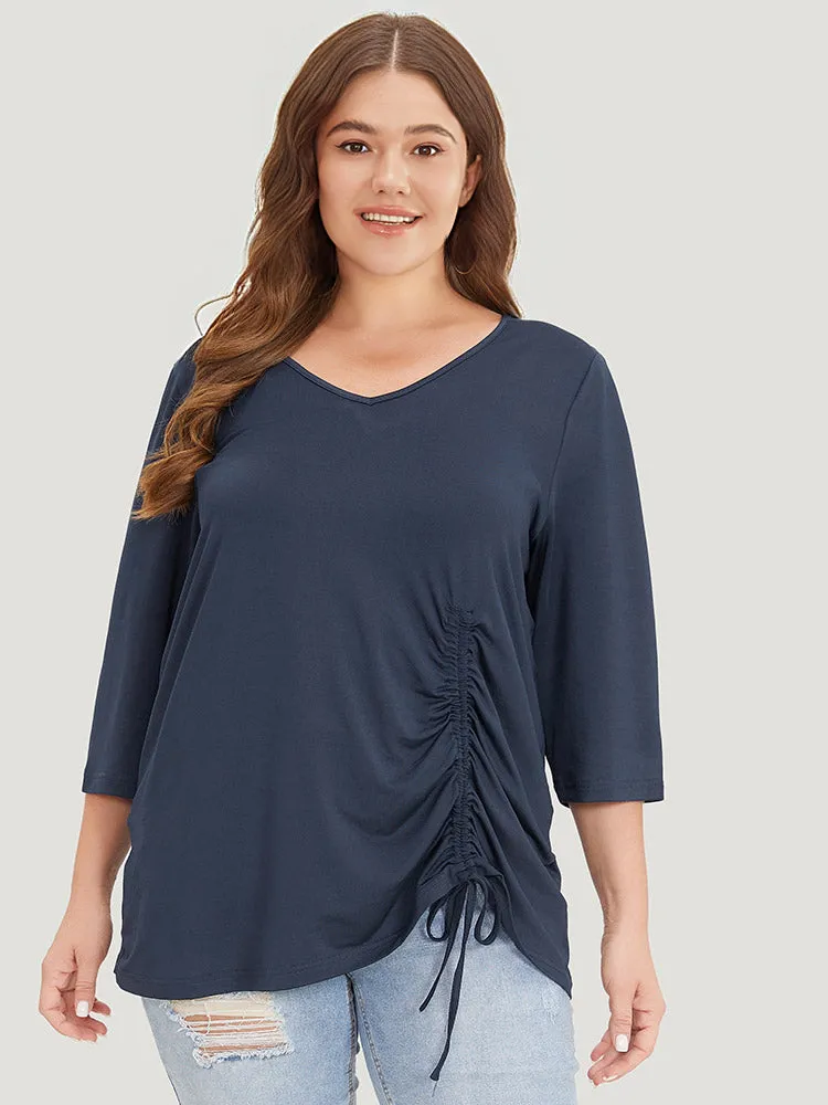 solid V Neck Drawstring Gathered T-shirt sold by Bloomchic product image thumbnail 3