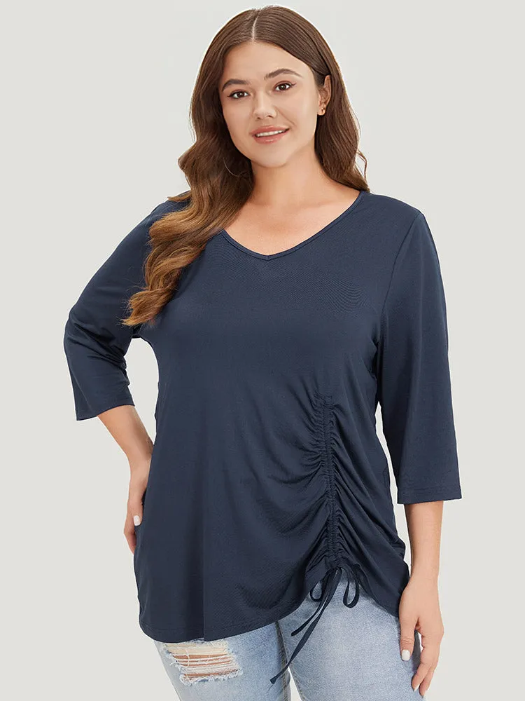 solid V Neck Drawstring Gathered T-shirt sold by Bloomchic