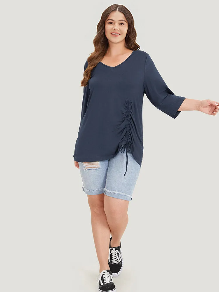 solid V Neck Drawstring Gathered T-shirt sold by Bloomchic product image thumbnail 5