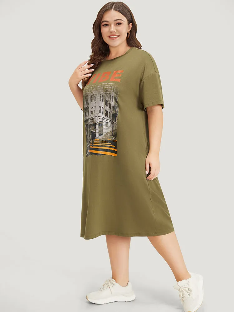 Letter & Graphic Print Pocket Crew Neck Dress sold by Bloomchic product image thumbnail 4
