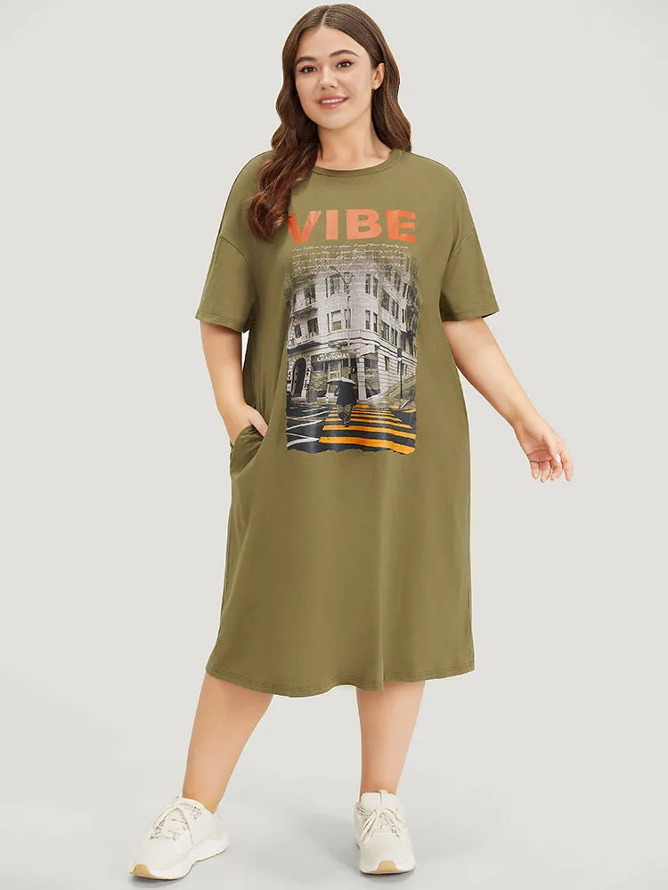 Letter & Graphic Print Pocket Crew Neck Dress sold by Bloomchic product image thumbnail 3