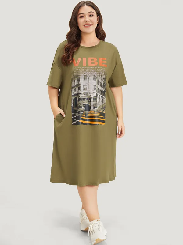 Letter & Graphic Print Pocket Crew Neck Dress sold by Bloomchic