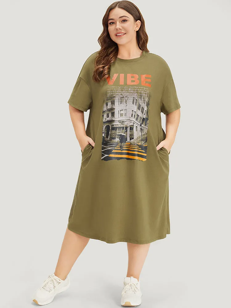 Letter & Graphic Print Pocket Crew Neck Dress sold by Bloomchic product image thumbnail 2