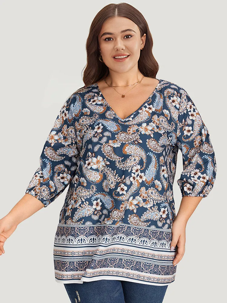 Paisley Print Patchwork V Neck Blouse sold by Bloomchic