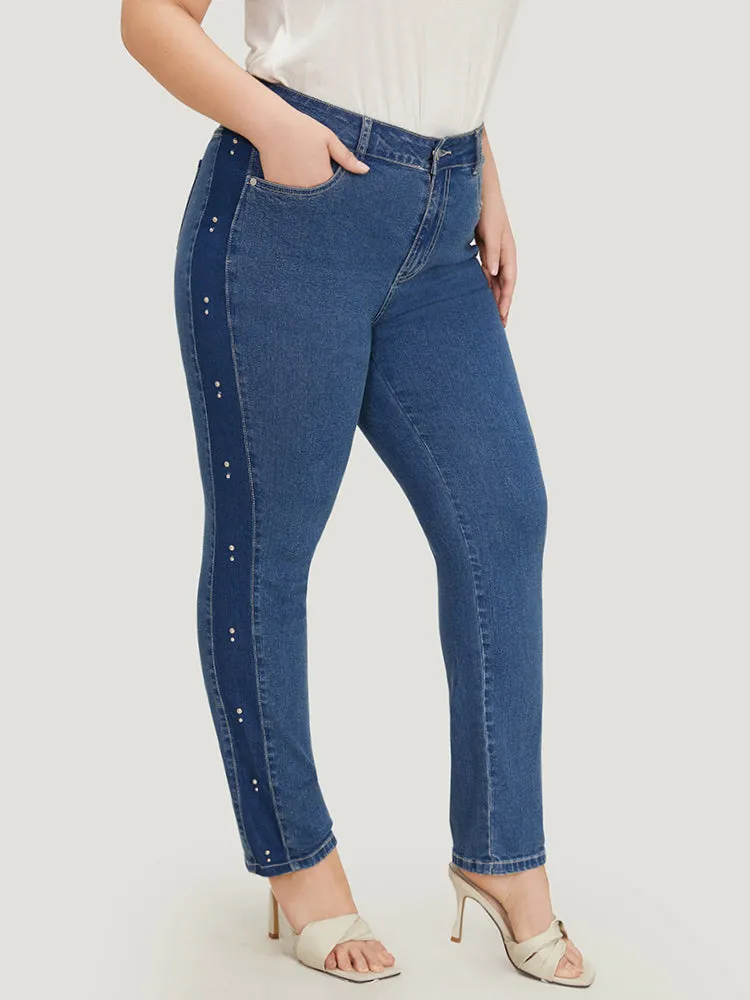 Pearl Beaded Patchwork Medium Wash Jeans sold by Bloomchic